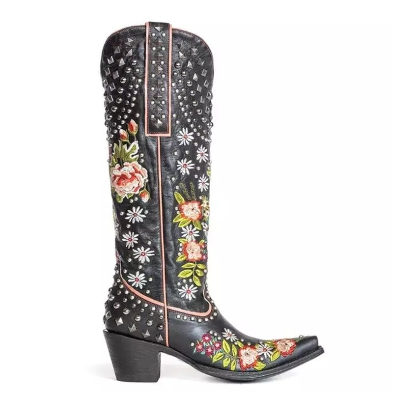 Pointed toe women's ethnic style embroidered studded thick heel boots