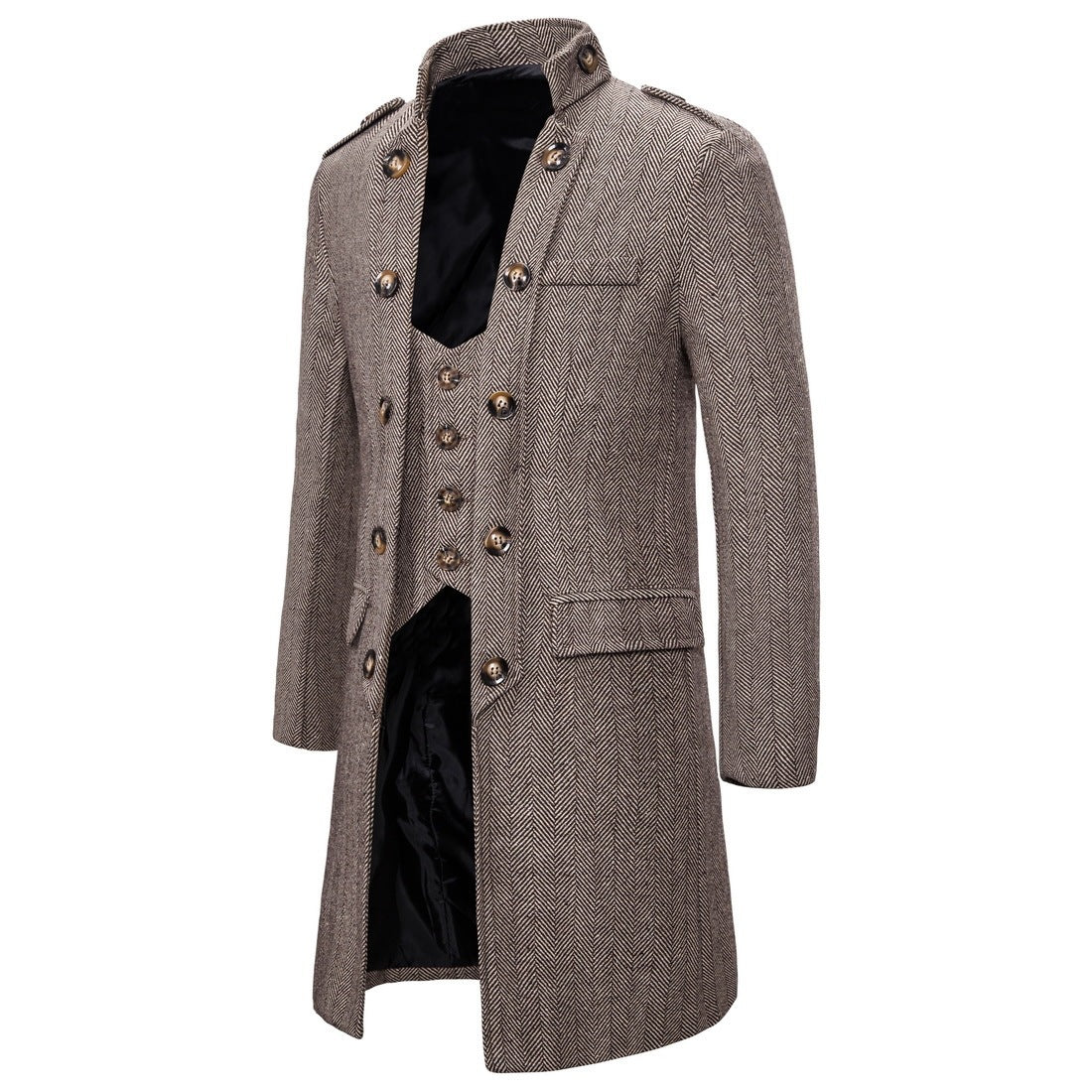 Mens Mid-length Herringbone Overcoat With Attached Waistcoat