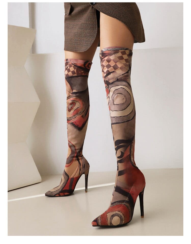 Plus Size Art Graffiti Over Knee Boots Pointed Toe