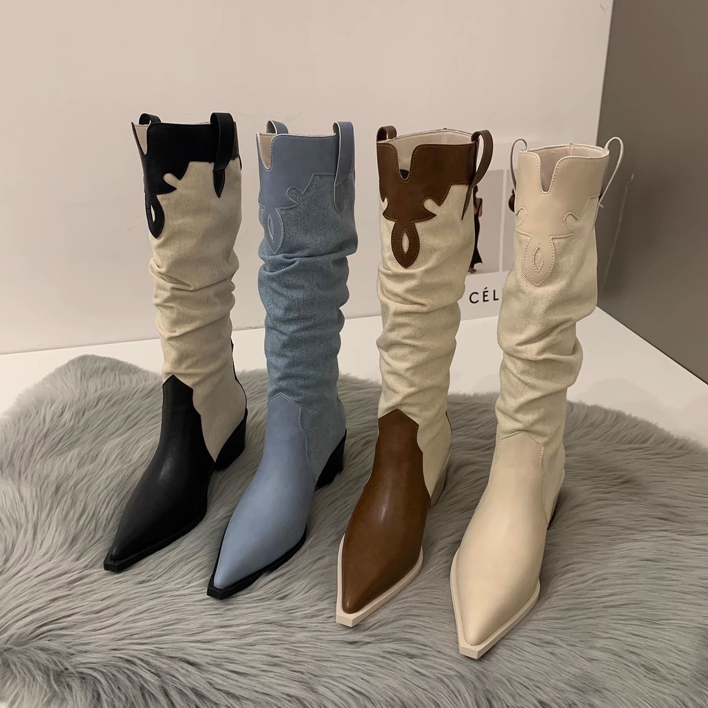 Western Cowboy Boots Low Heel  Pointed Toe Knee High Suede Boots - Pleasures and Sins   Pleasures and Sins