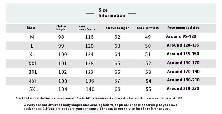 Size chart for Men’s Knee Length Coat with Thermal Insulation, meticulously crafted fit.