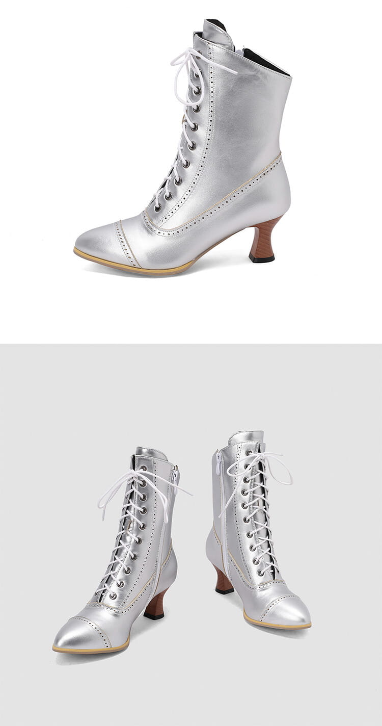 Silver Victorian-style lace-up boots with curved heels for Women’s Retro Steampunk look.