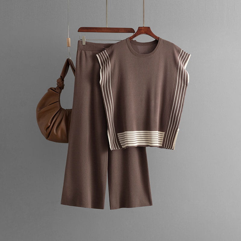 Brown dress and striped top set with high waist wide leg pants for a trendy look.