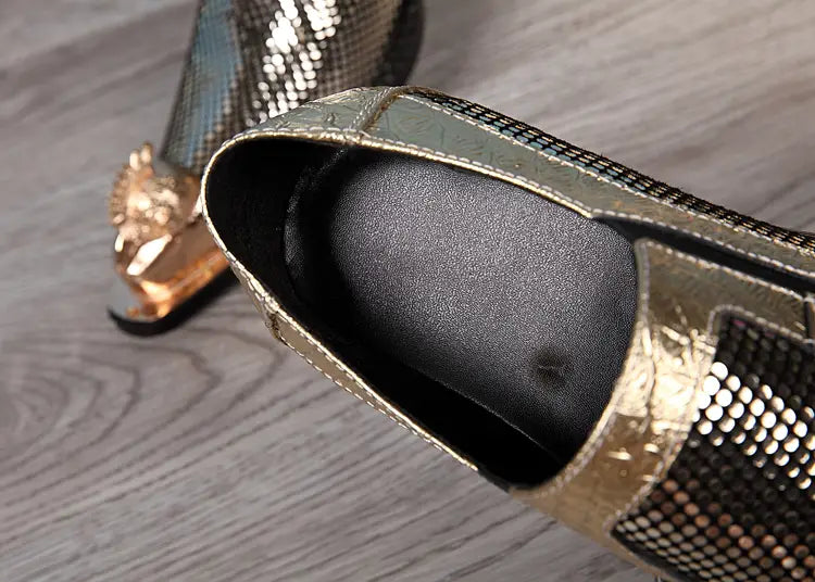 Gold and black metallic high-heeled pointed toe fashion leather formal shoes with texture.