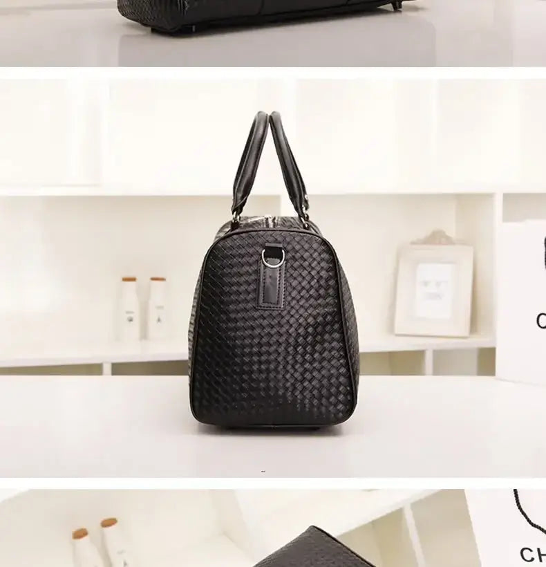 Black woven leather duffle bag, perfect unisex luggage for business trip carry.