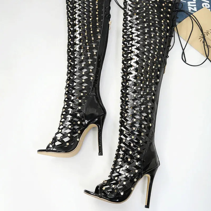 Women’s Fashionable Hollowed-out Netted Design Rivet High