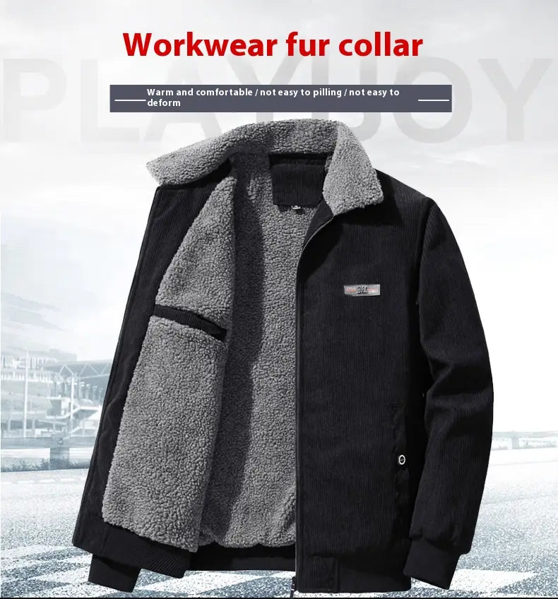 Gray Fleece-lined Corduroy Winter Coat for Men