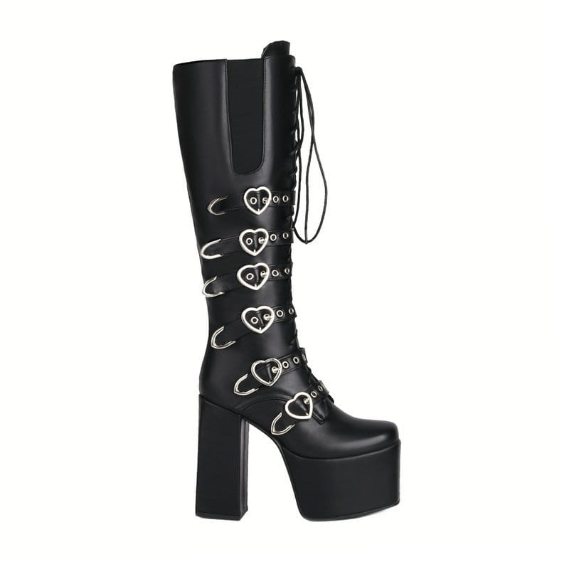 Unisex High Heel Punk Front Lace-up Multi Buckle High Leg