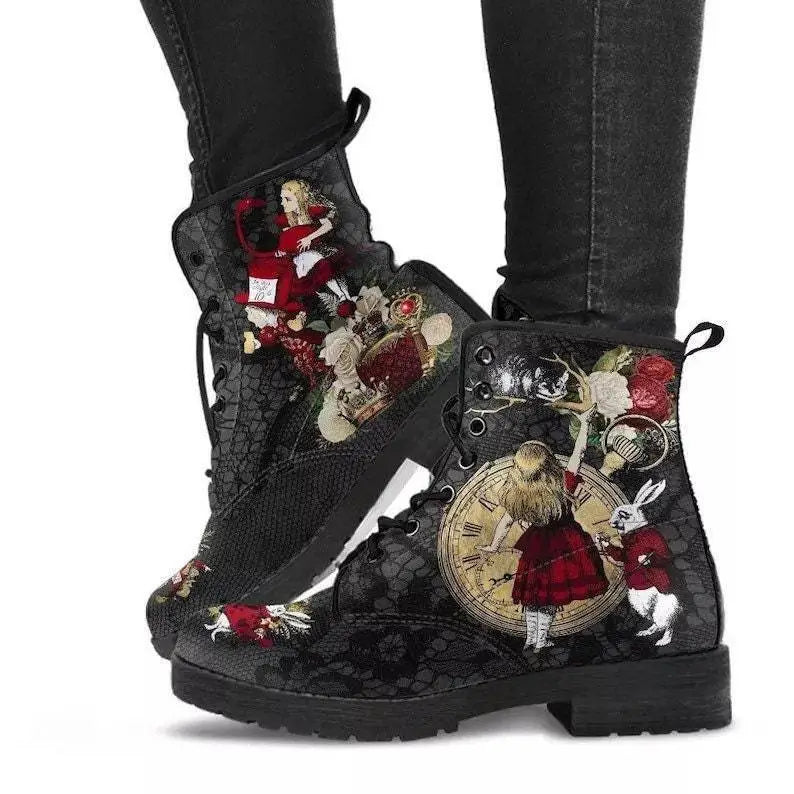 Black combat boots with vintage clock and red rose designs, perfect for Ladies Gothic Alice.