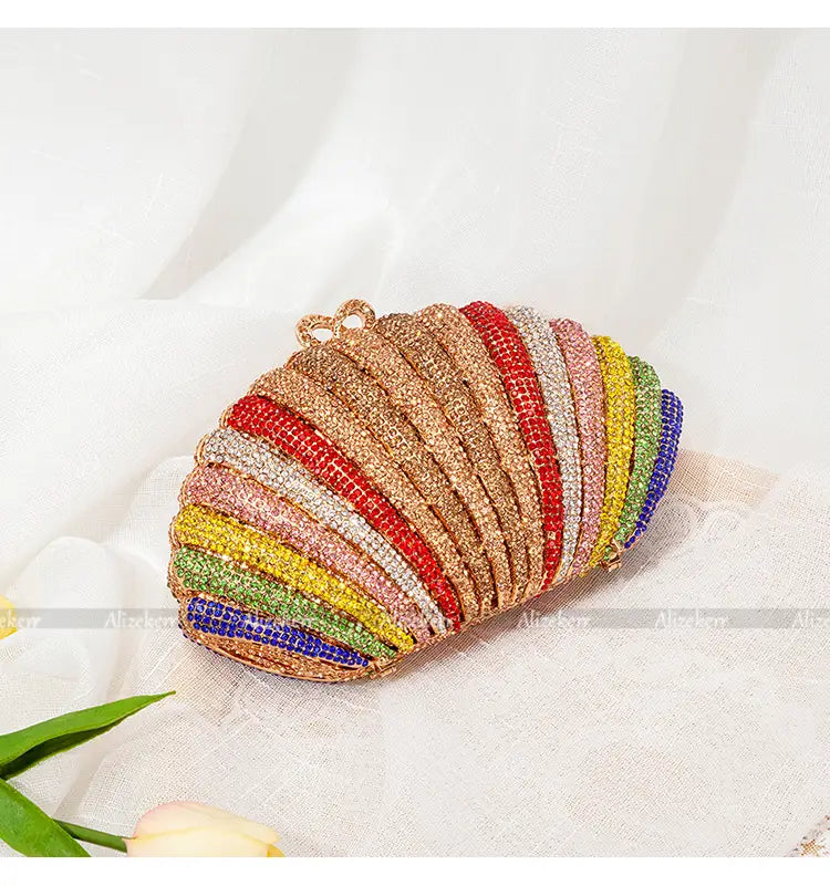 Rainbow shell rhinestone beaded clutch purse perfect for evening events and stylish outings.