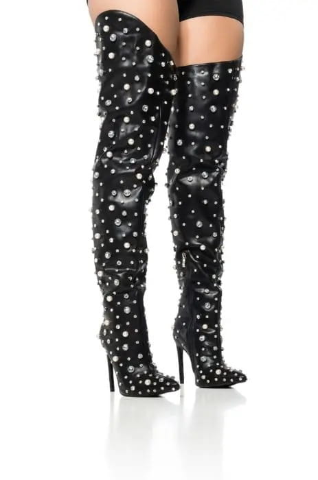 Womens Rhinestone Encrusted Thigh High Boots with Silver Studs for a Stunning Look