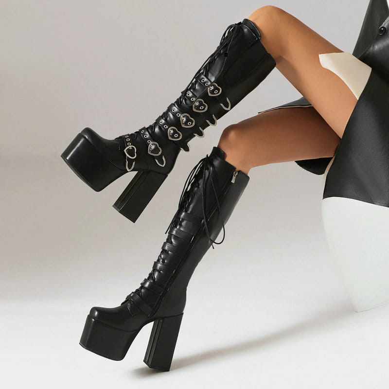 Unisex High Heel Punk Front Lace-up Multi Buckle High Leg