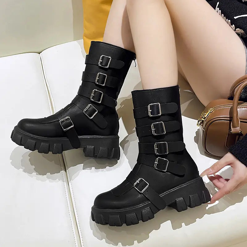 Unisex Punk Multi Buckle Mid Calf Boots with platform heel and silver buckle straps.