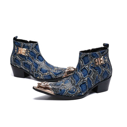 Mens Snake Print Short Leather Metal Toe Buckle Boots