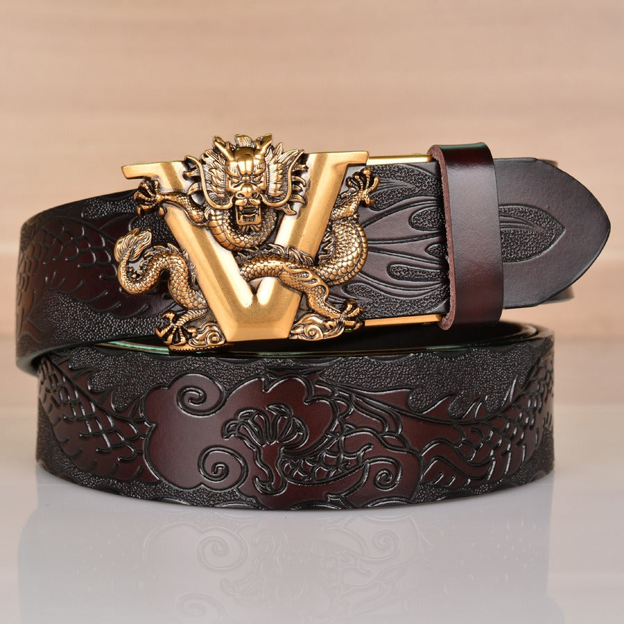 Leather ethnic style belt, personalized dragon pattern embossed belt - Pleasures and Sins   Pleasures and Sins