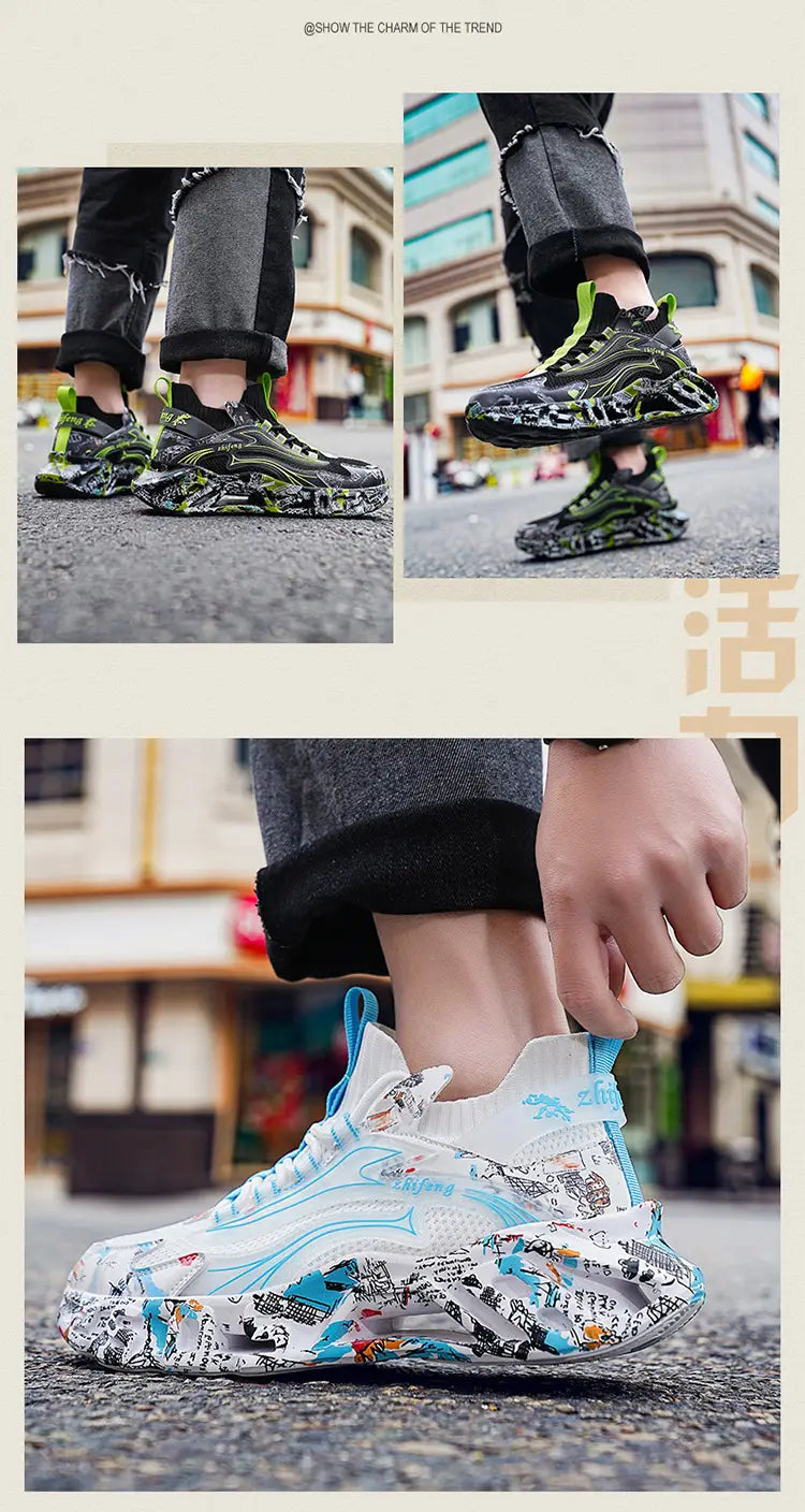 Stylish Black and Neon Green Large Blade Shock-absorbing Running Shoes with camo patterns.