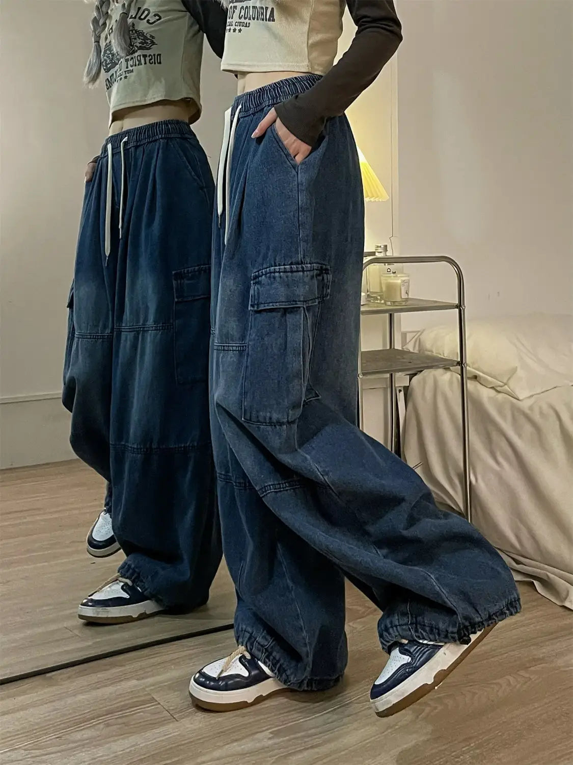 Womens Vintage Blue Oversized Cargo Streetwear Retro Wide