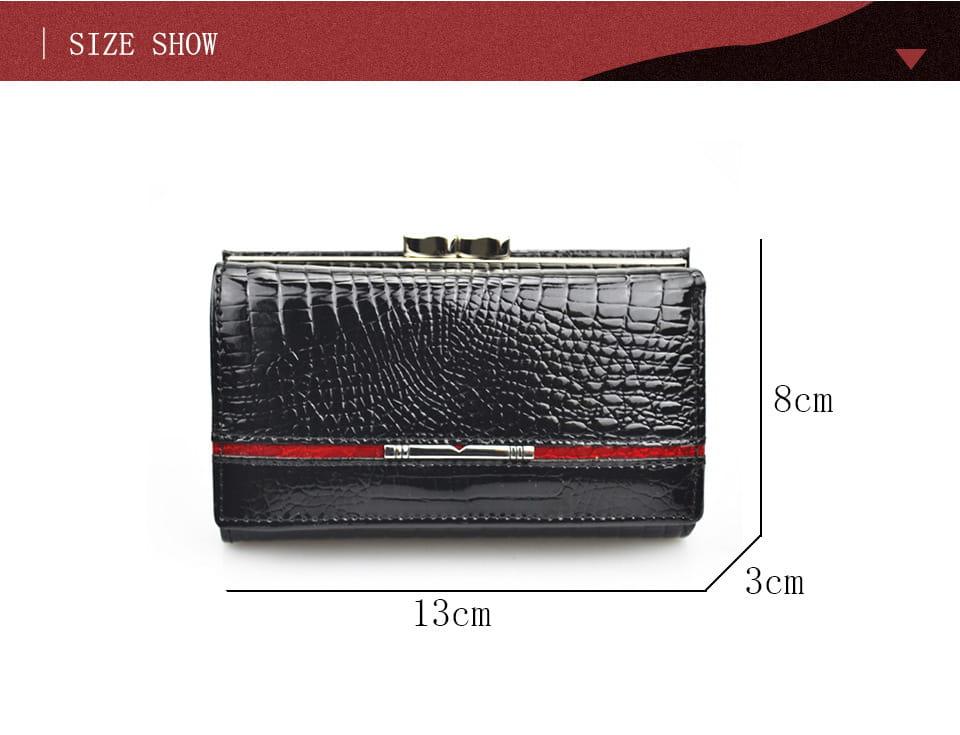 Black crocodile-textured leather wallet with a red stripe for the Wine Red Patent Leather Crocodile Print Purse.