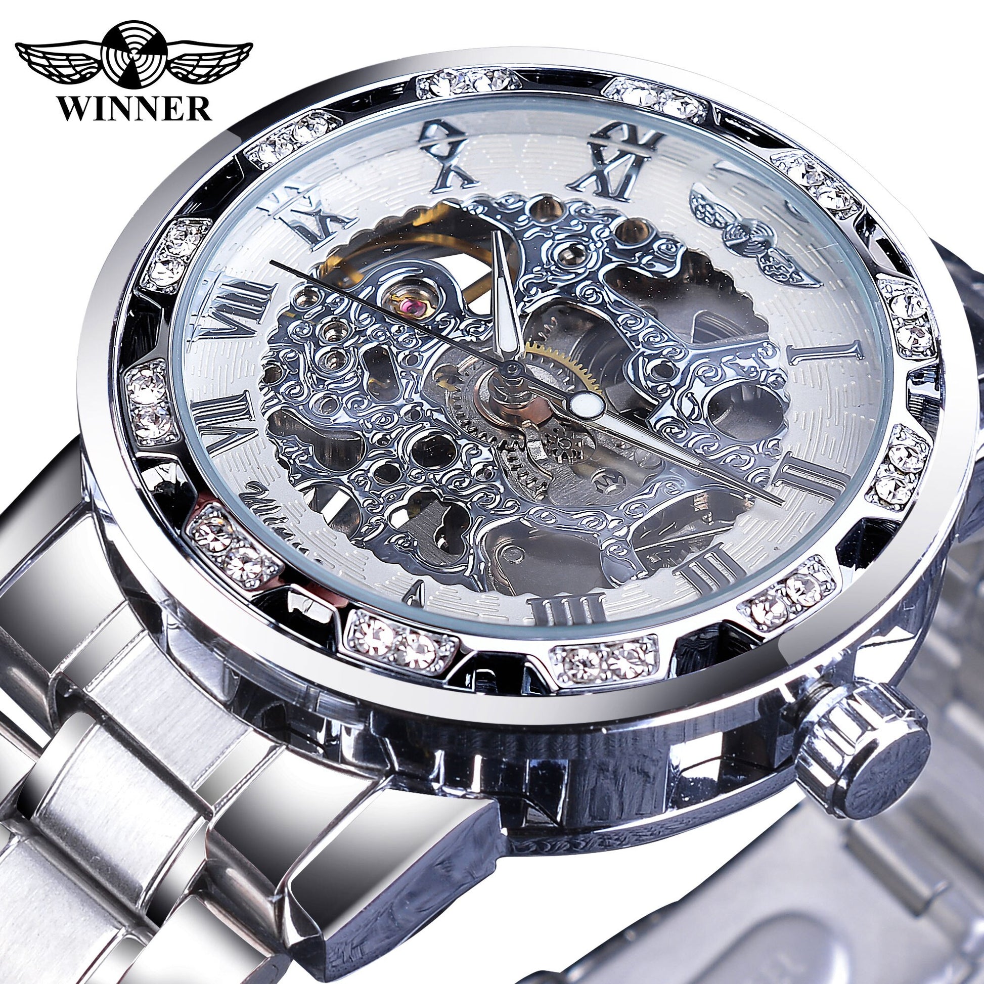 Mens Rhinestone Roman Analog Skeleton Mechanical Stainless Steel Luminous Watch - Pleasures and Sins   Pleasures and Sins