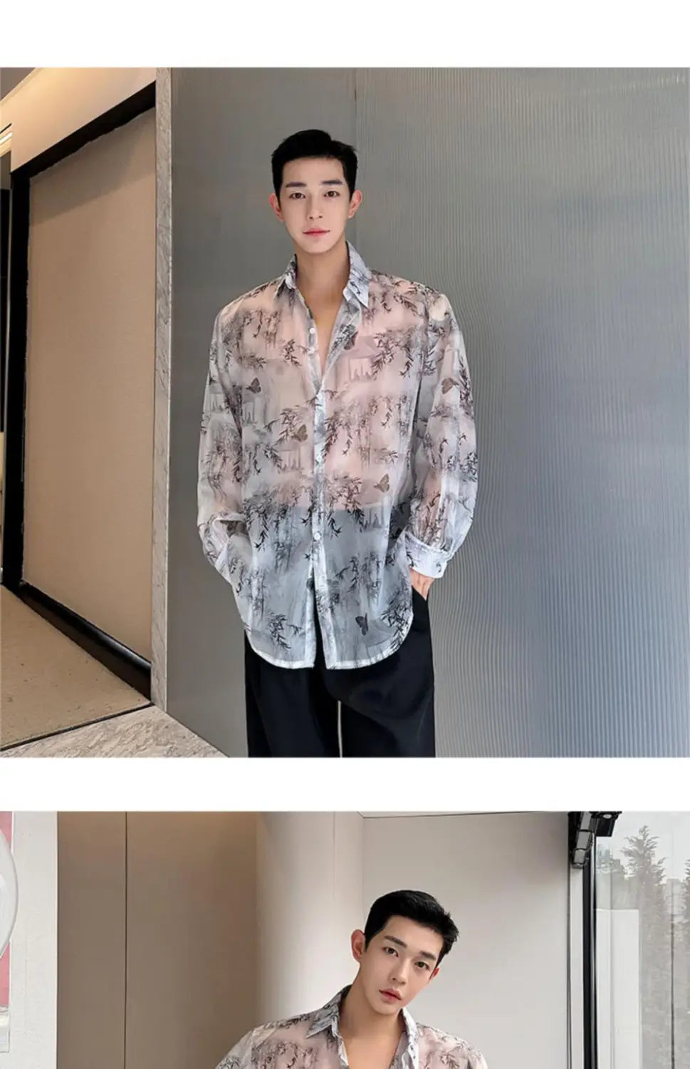 Semi-sheer Bamboo Flower Pattern Shirt in Traditional Chinese Style with pastel tones.