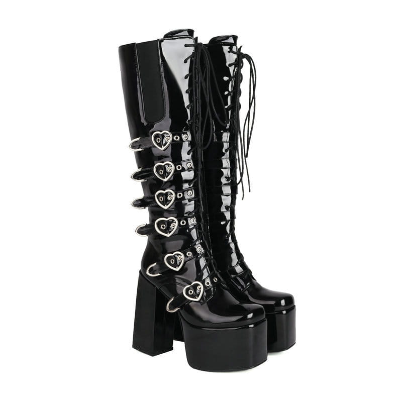 Unisex High Heel Punk Front Lace-up Multi Buckle High Leg