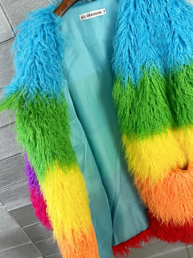 Niche Rainbow Winter Faux Fur Coat Loose Long Jacket Shaggy Outerwear - Pleasures and Sins   Pleasures and Sins