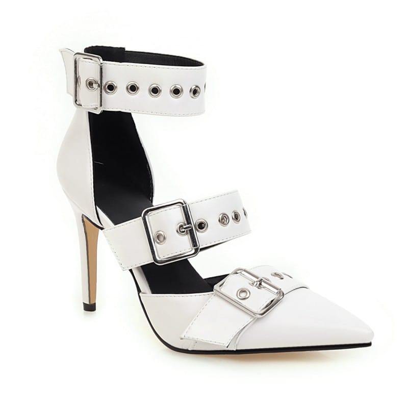 High Heel Pointed Toe Metal Buckle Ankle Strap Sandals