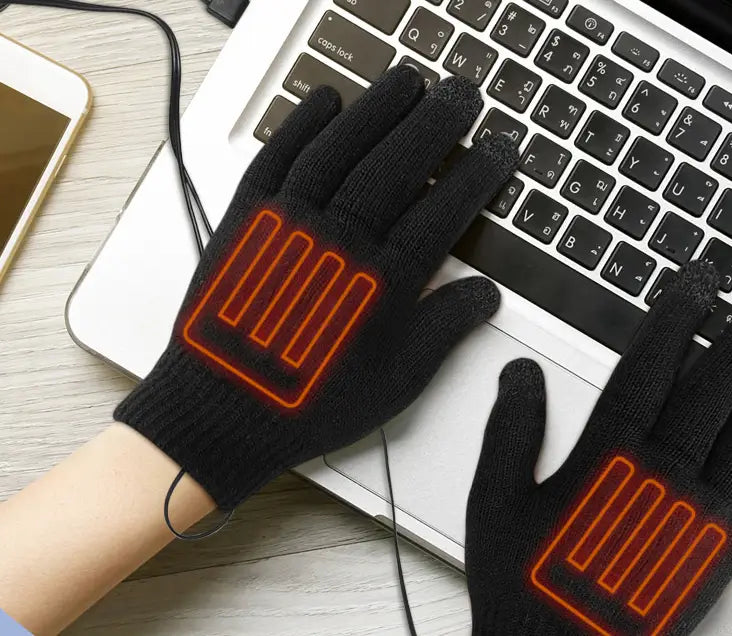 Black heated electric gloves with red heating elements for cozy warmth and comfort.