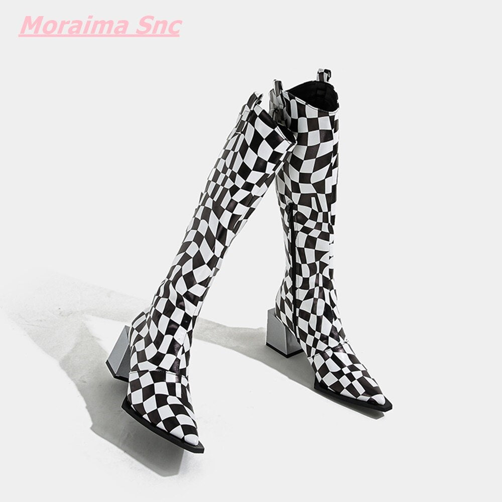 Pointed Women's Boots Black White Checkerboard Square Heel Side Zipper