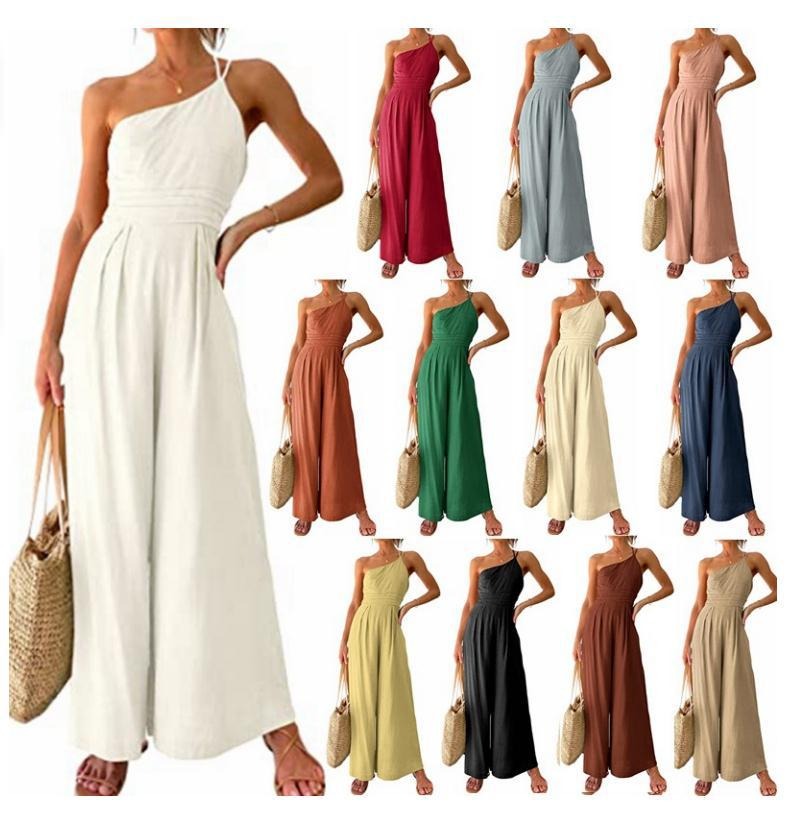 Women's sexy camisole waist wide leg sleeveless cotton linen jumpsuit - Pleasures and Sins   Pleasures and Sins