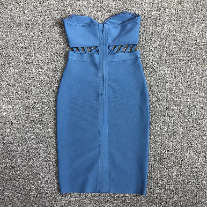 Ladies Sexy Hollowed out Strapless Blue Bandage Dress