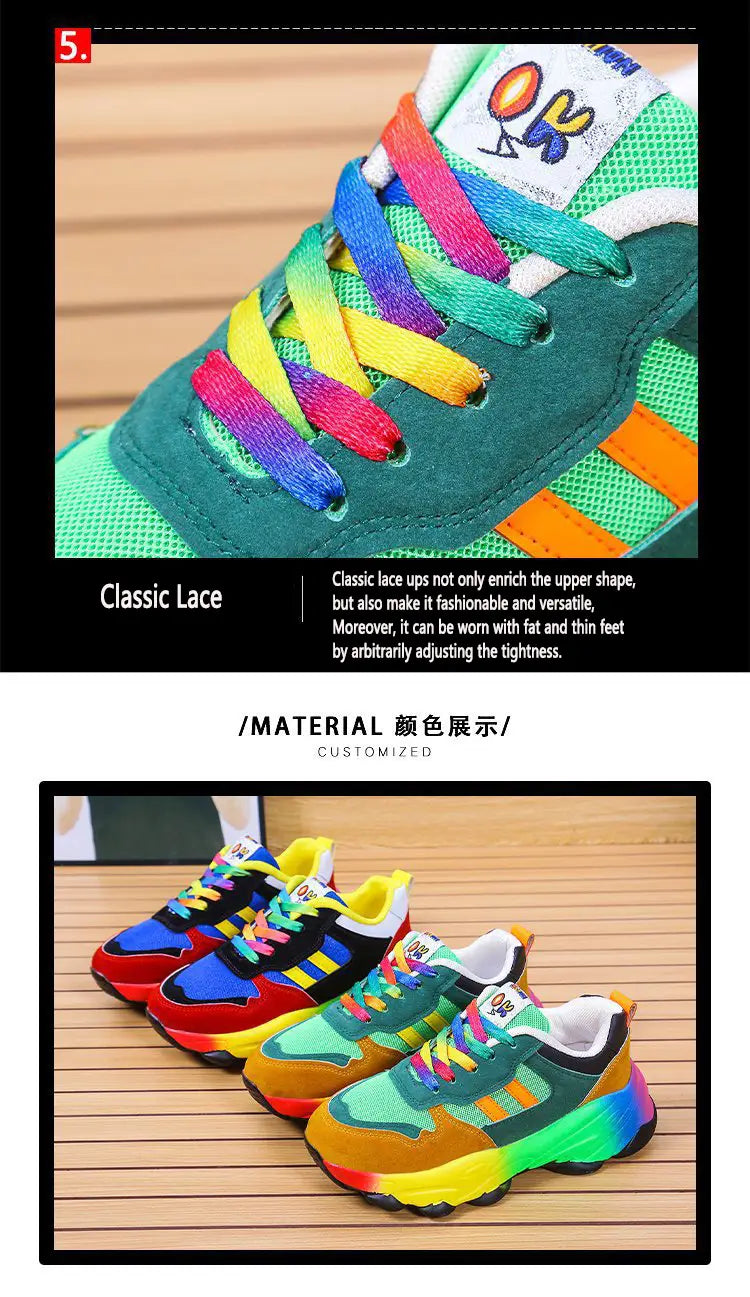 Colorful Rainbow Hip Hop Casual Shoes with vibrant laces and bold color blocks.