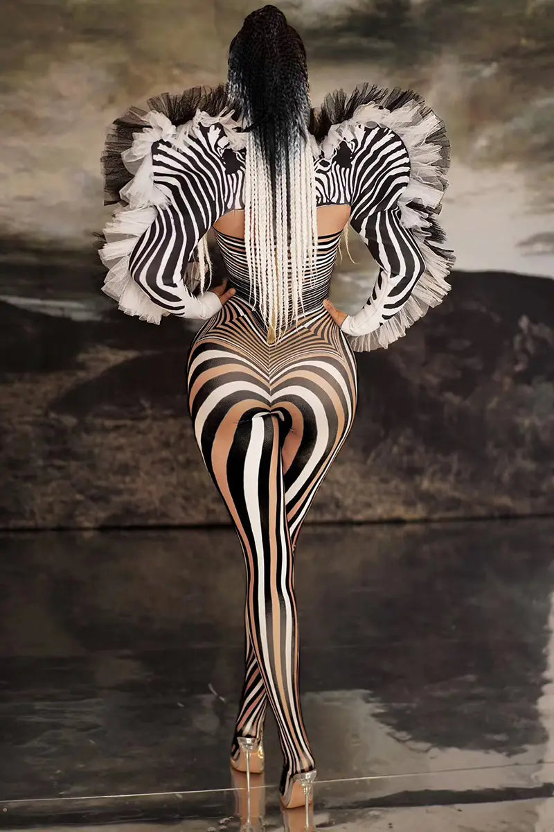 Ladies Striped Zebra Head Performance Costume Nightclub Wear