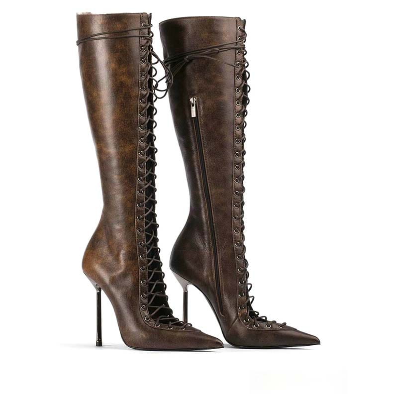 Brown leather knee-high stiletto heel dominatrix sandal boots with lace-up detail.