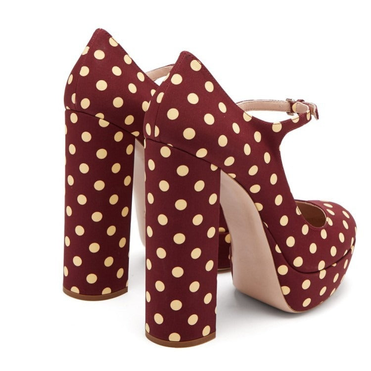 Round Toe Thick Sole Polka Dot Mary Jane High Heel Plus Size Shoes