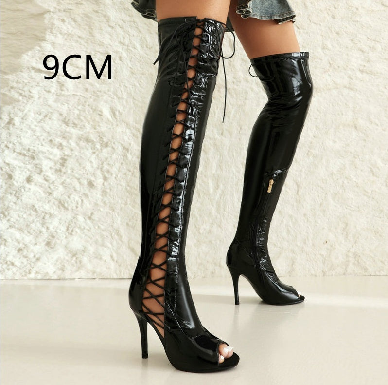 Patent Stretch Over-the-knee Open Toe Side Lace Up Boots