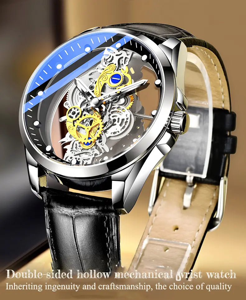 Montre automatique Vintage de luxe pour hommes avec design creux double face et lunette bleue