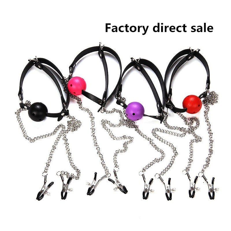 Ball gag With Attached Nipple Clamps For Adult Bondage BDSM Play - Pleasures and Sins   Pleasures and Sins