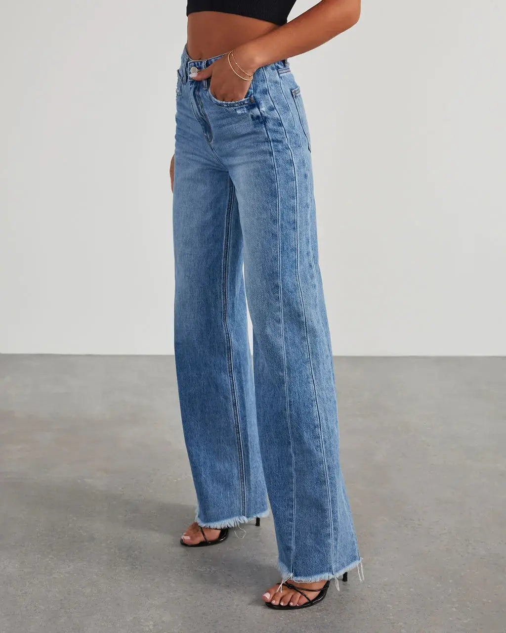 Ladies Loose Wide Leg Brushed Hem Denim Jeans for Comfy