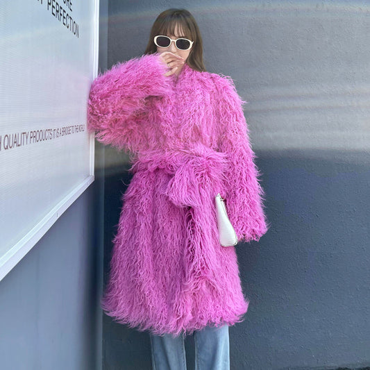 Ladies fur imitation wool, long style knee high fur coat with belt