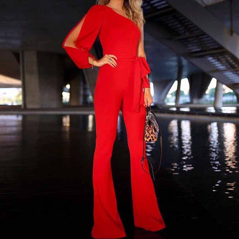 Womens Summer Casual Long Sleeve One Shoulder Wide Leg Jumpsuit - Pleasures and Sins   Pleasures and Sins