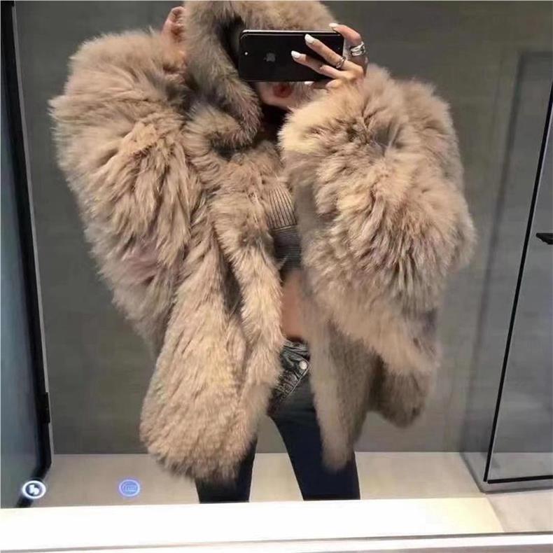 Ladies Big Hooded Bat Sleeve Faux Fur Coat in Fluffy Beige