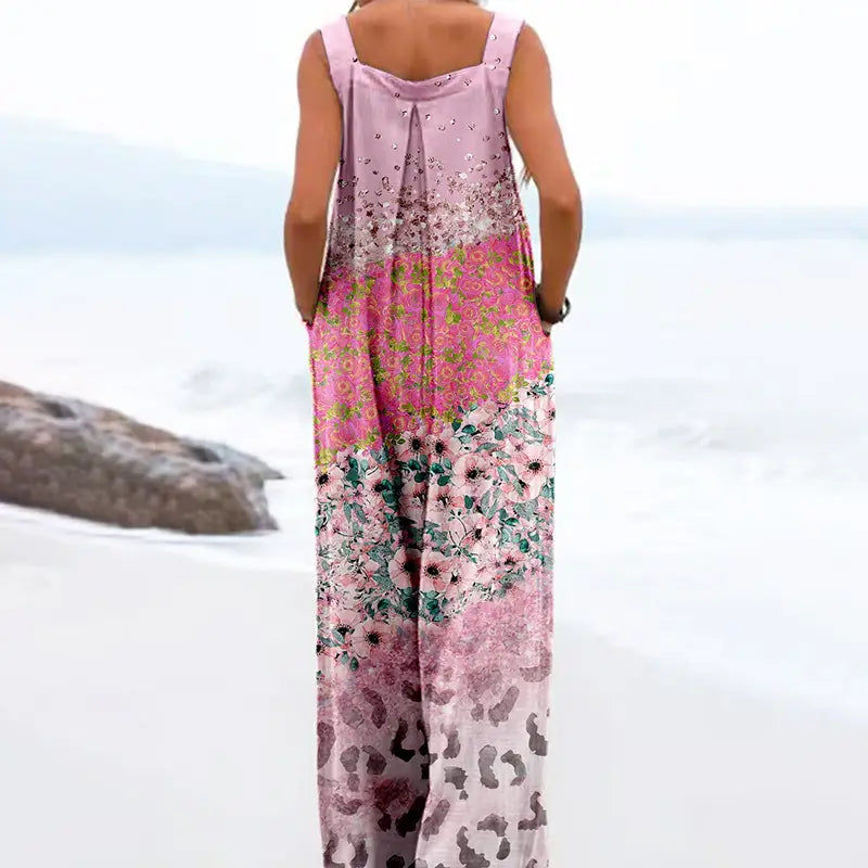 Pink floral sleeveless maxi dress with gradient leopard print, perfect vintage print square neck style.