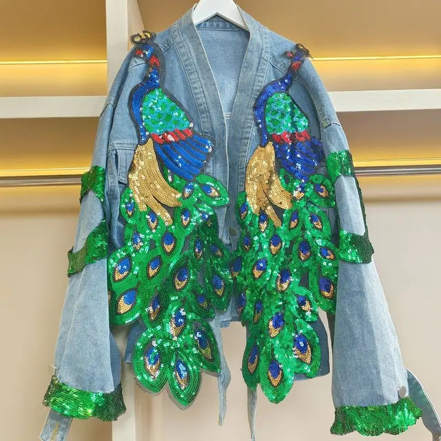 Womens V-neck 3D Peacock Sequined Embroidered Denim Jacket - Pleasures and Sins   Pleasures and Sins