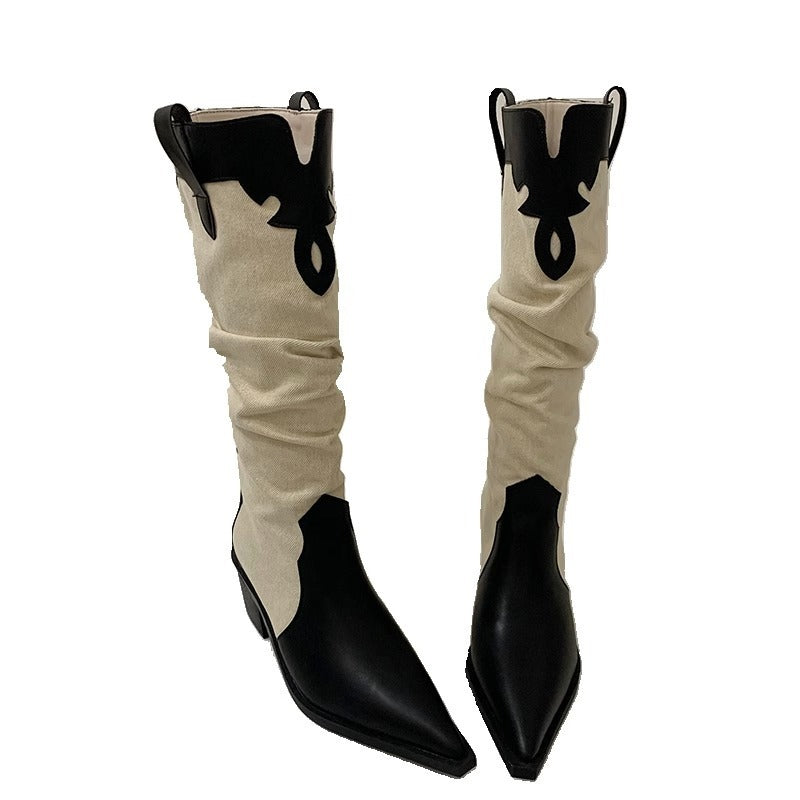 Western Cowboy Boots Low Heel  Pointed Toe Knee High Suede Boots - Pleasures and Sins   Pleasures and Sins