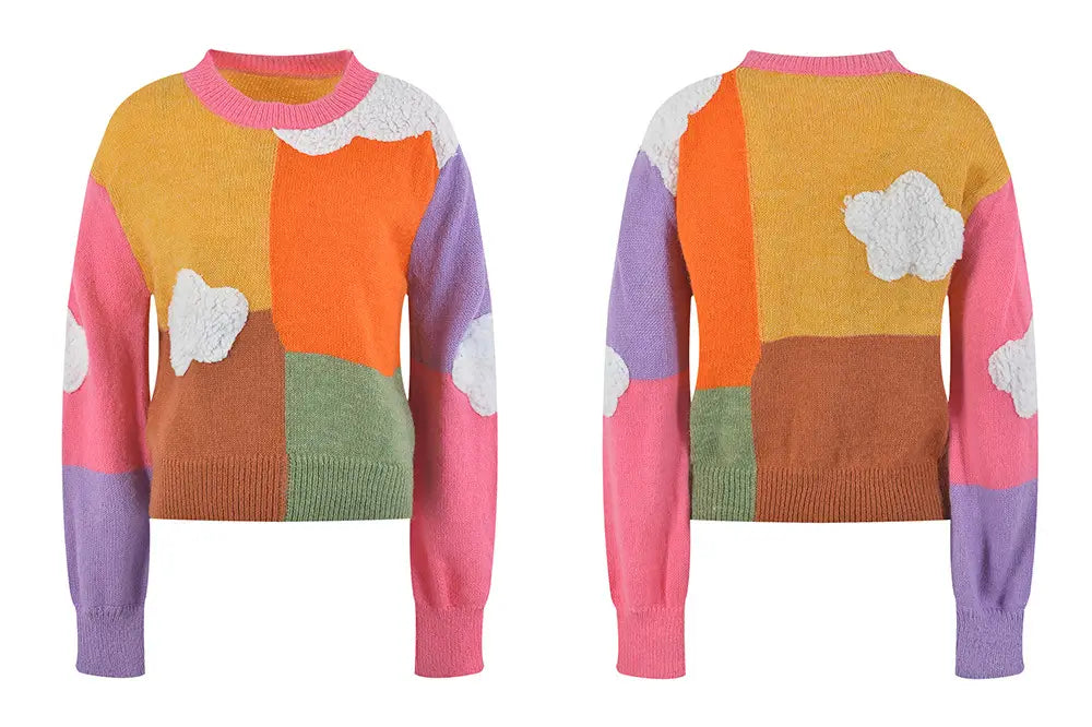 Colorful Ladies Rainbow Cloud Short Sweater with fun patchwork and cloud designs.