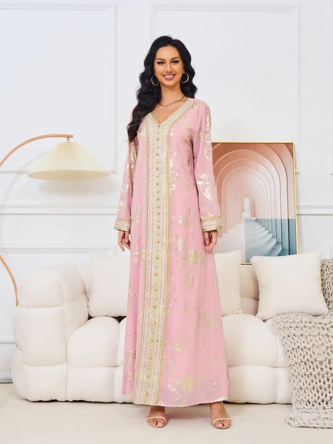 Muslim Womens Dress New Pink Stamped Fashion Party Robe