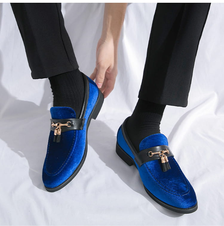 Bright blue velvet loafers with metallic lock, perfect for Men’s British Style Velour Moccasin.