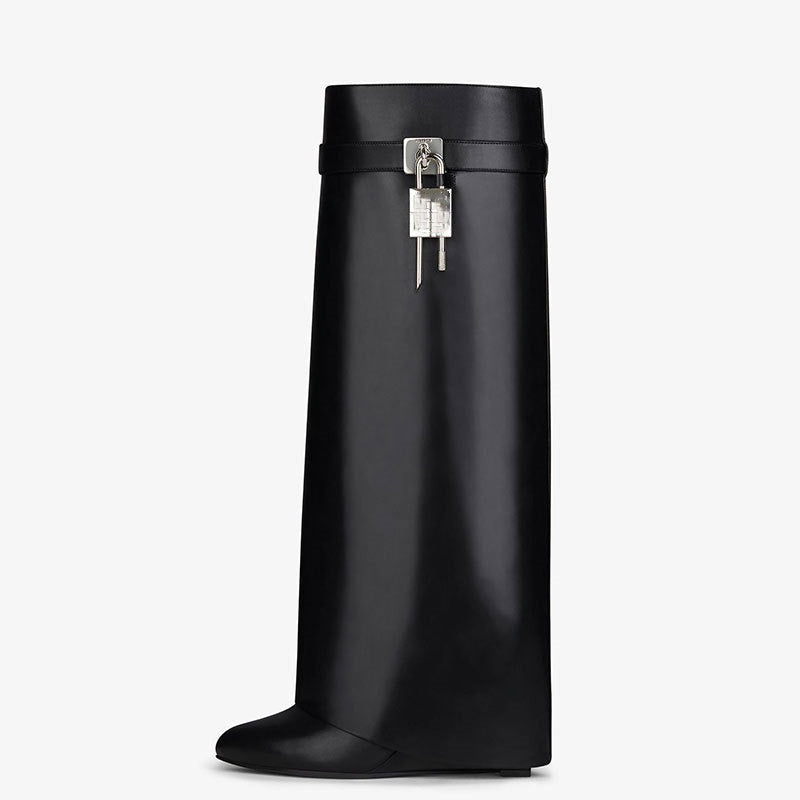 Women's fashion shark lock knee high boots folded leather wedge