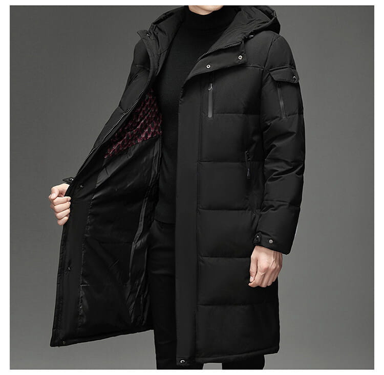 Black hooded knee length coat with thermal insulation and multiple pockets for winter.